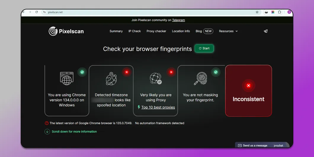 Pixelscan là gì — kết quả kiểm tra dấu vân tay trình duyệt browser fingerprint checker